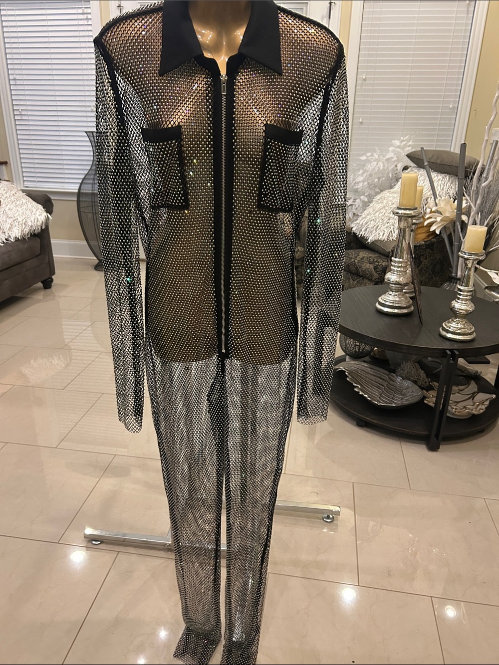 Sheer Mesh Rhinestone Jumpsuit - Black